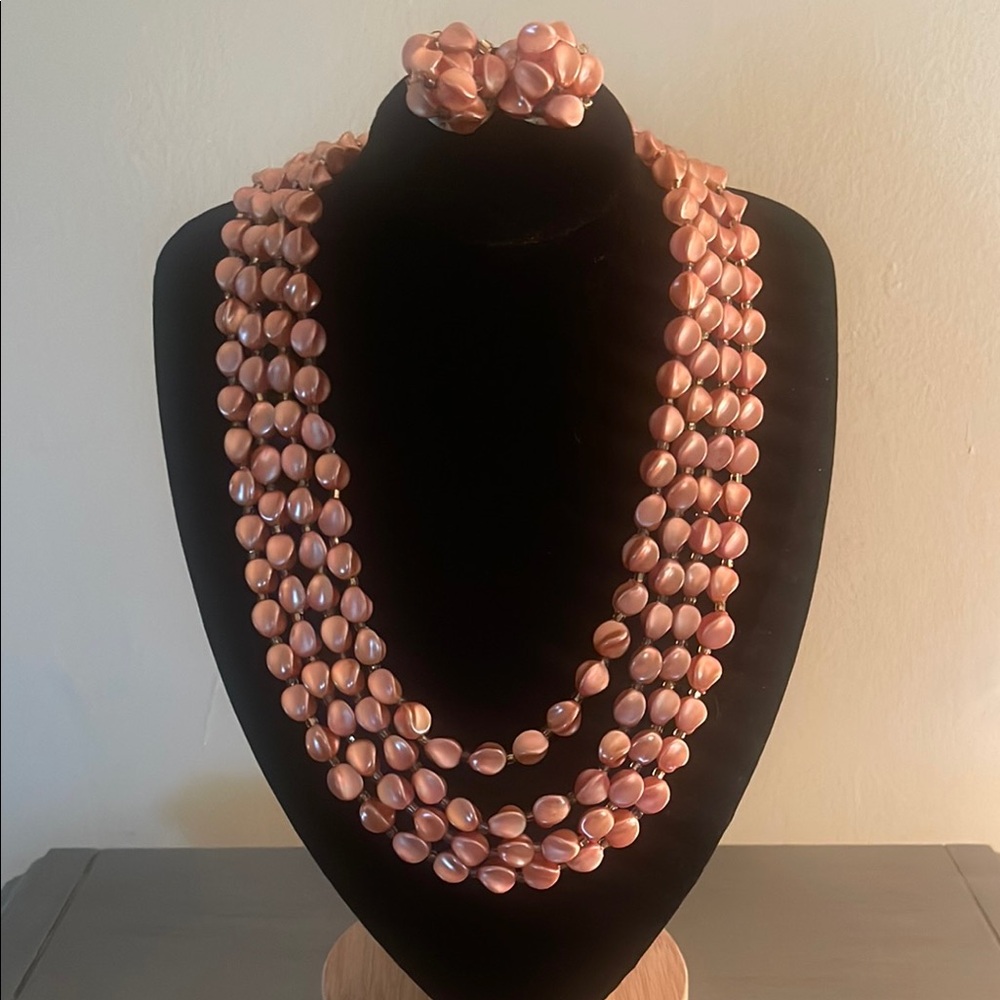 Coral Peach Colored Multi-Strand Beaded Necklace and Clip On Earings Set